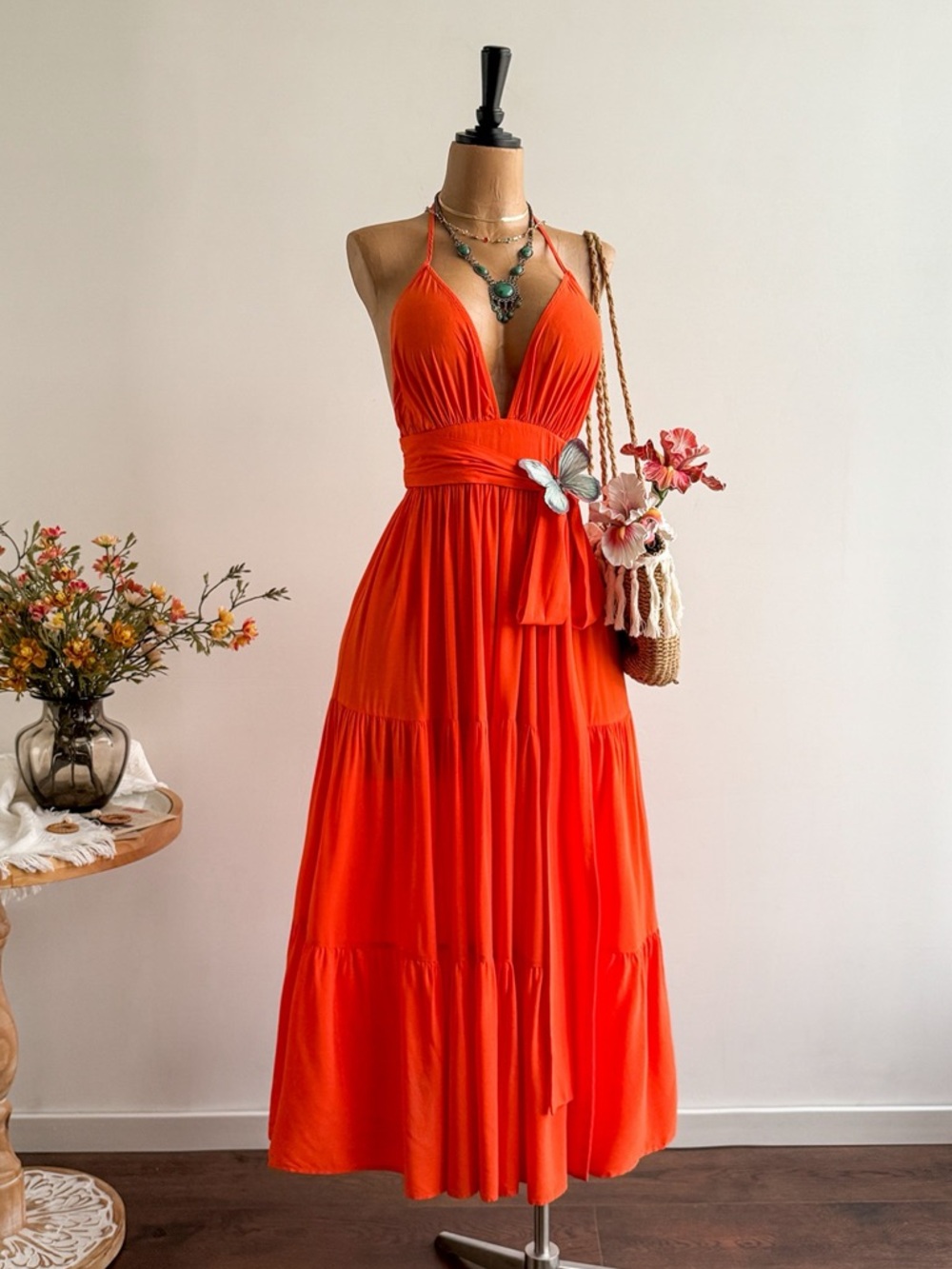 ❤️Hello Gorgeous! Women's Orange Halter Tiered Maxi Dress with Waist